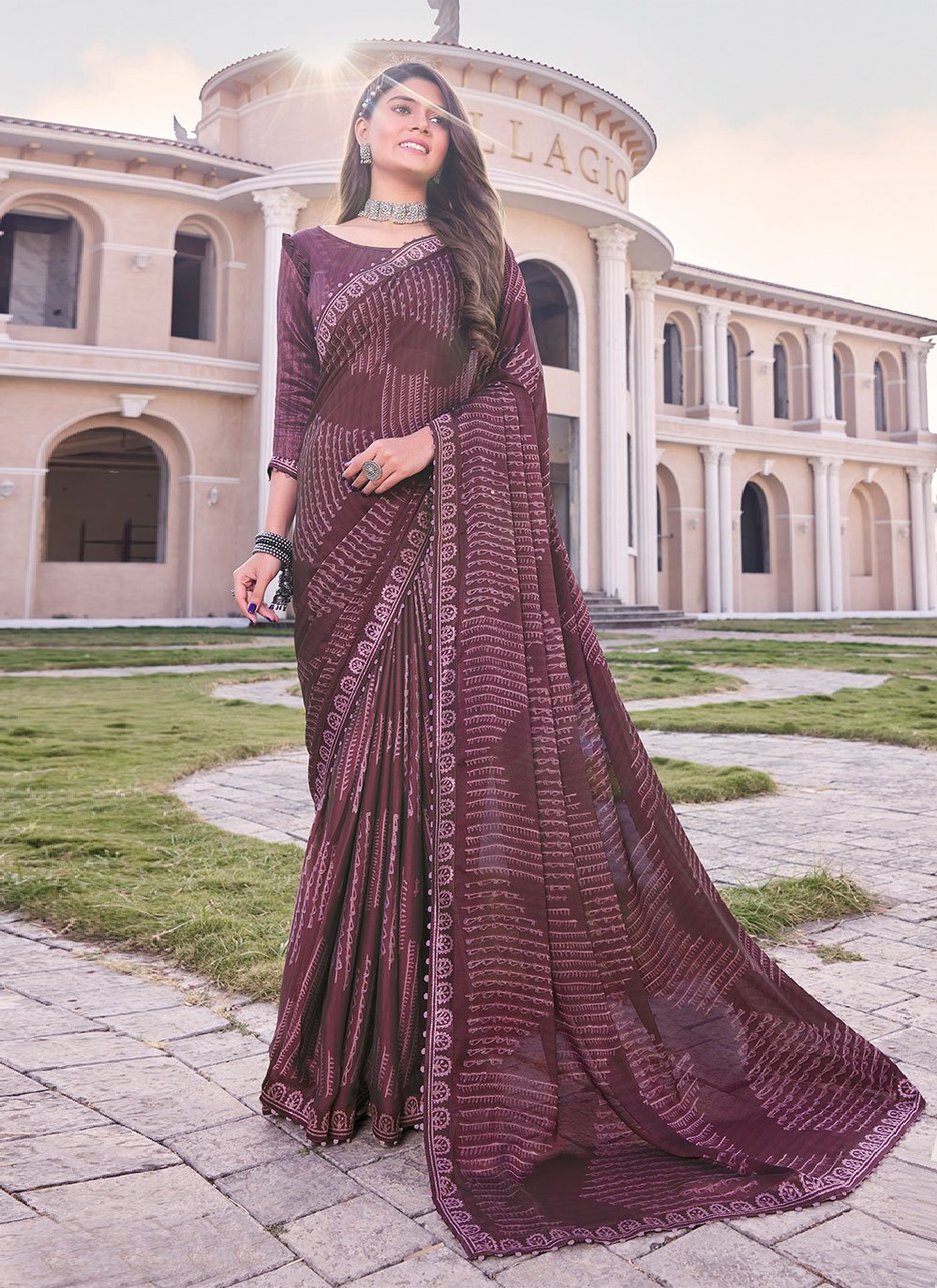 Classic Georgette Wine Print Saree