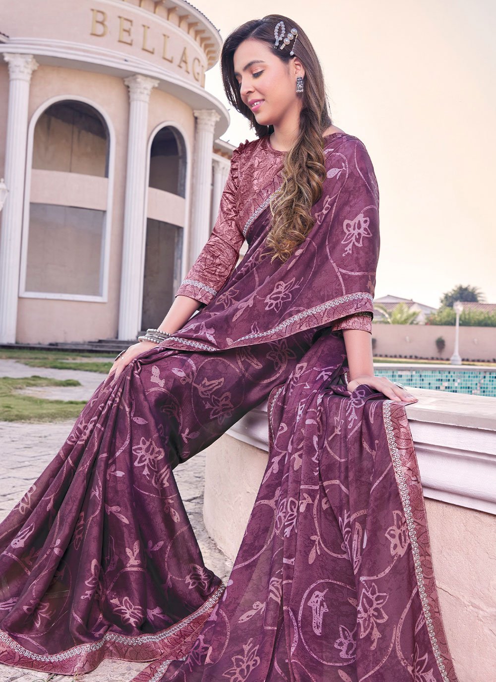 Contemporary Georgette Wine Print Saree