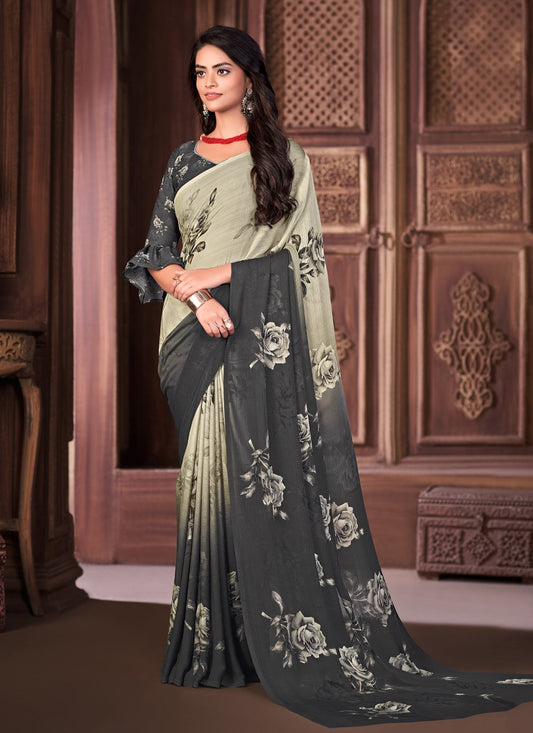 Classic Georgette Black Cream Print Saree