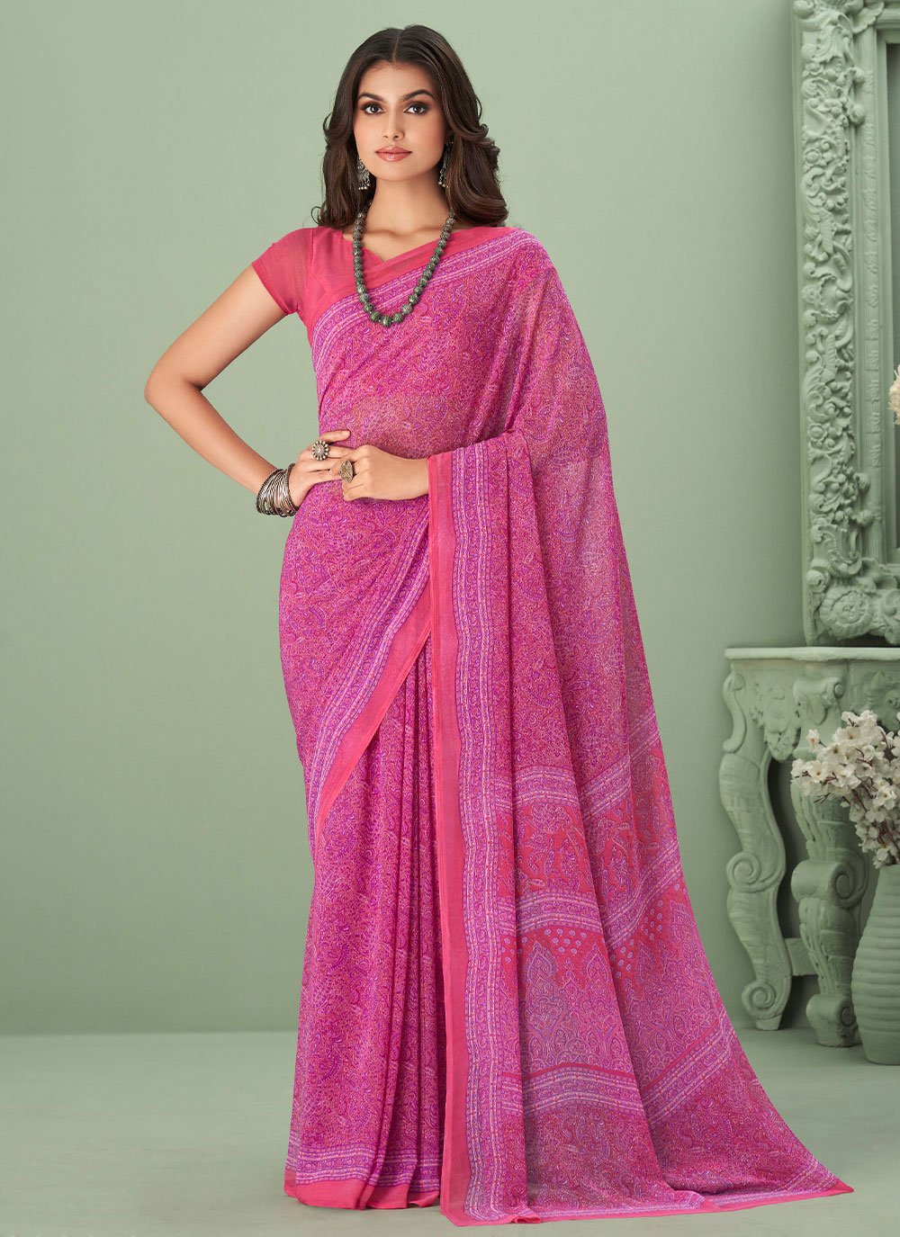 Classic Georgette Pink Print Saree