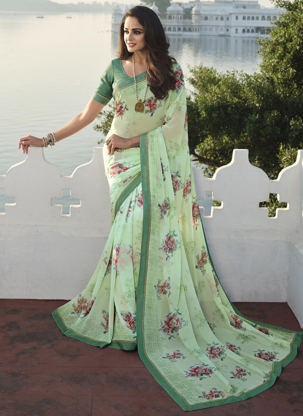 Contemporary Georgette Green Print Saree