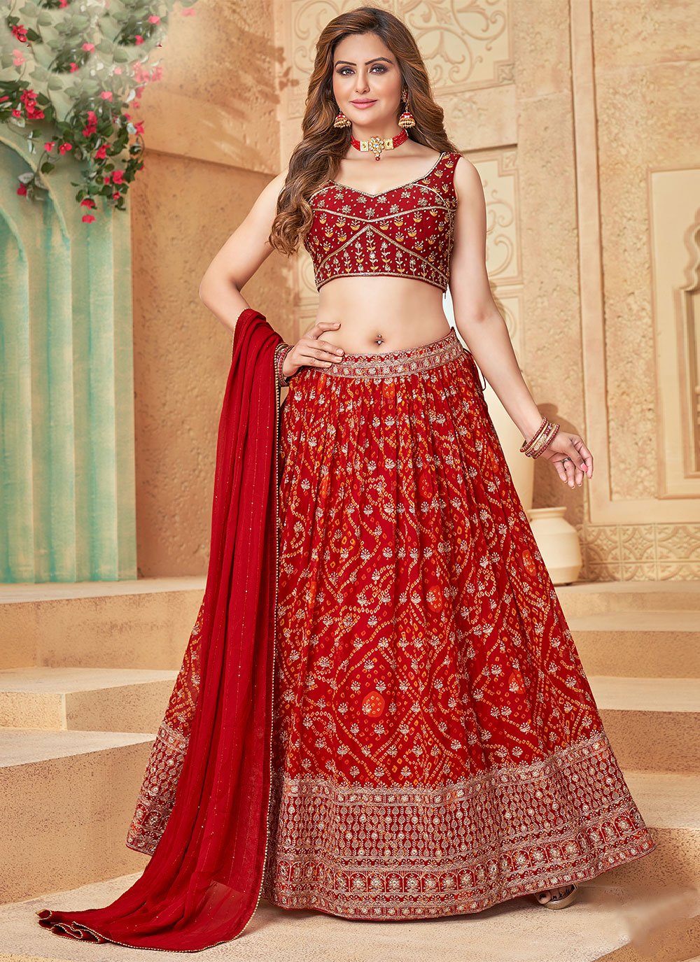 Lehenga Choli Georgette Red Embroidered Lehenga Choli