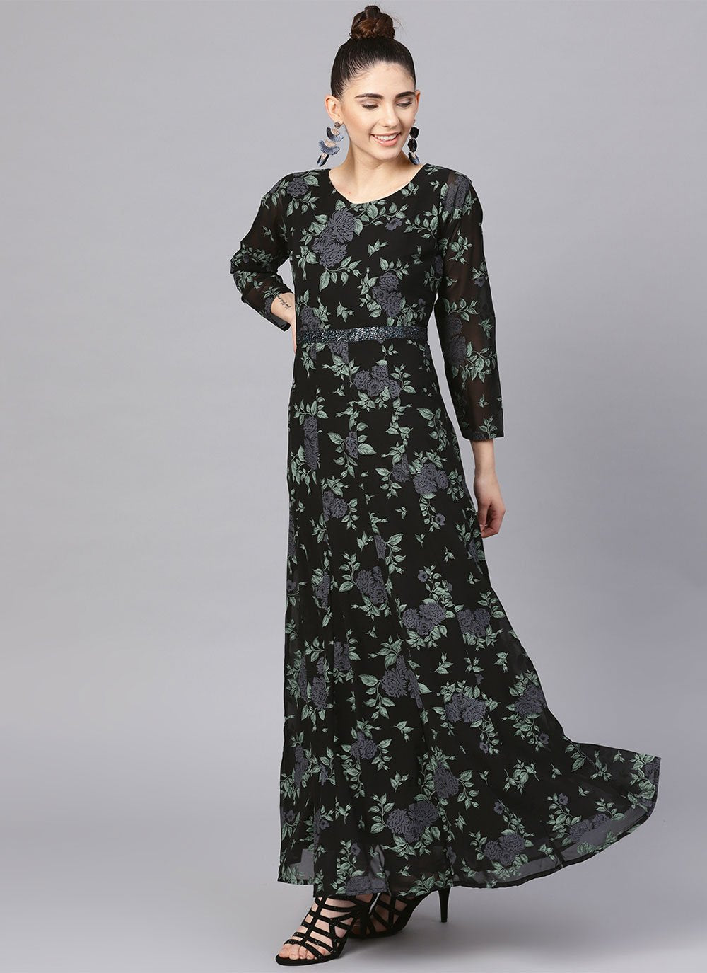 Gown Georgette Black Print Gown