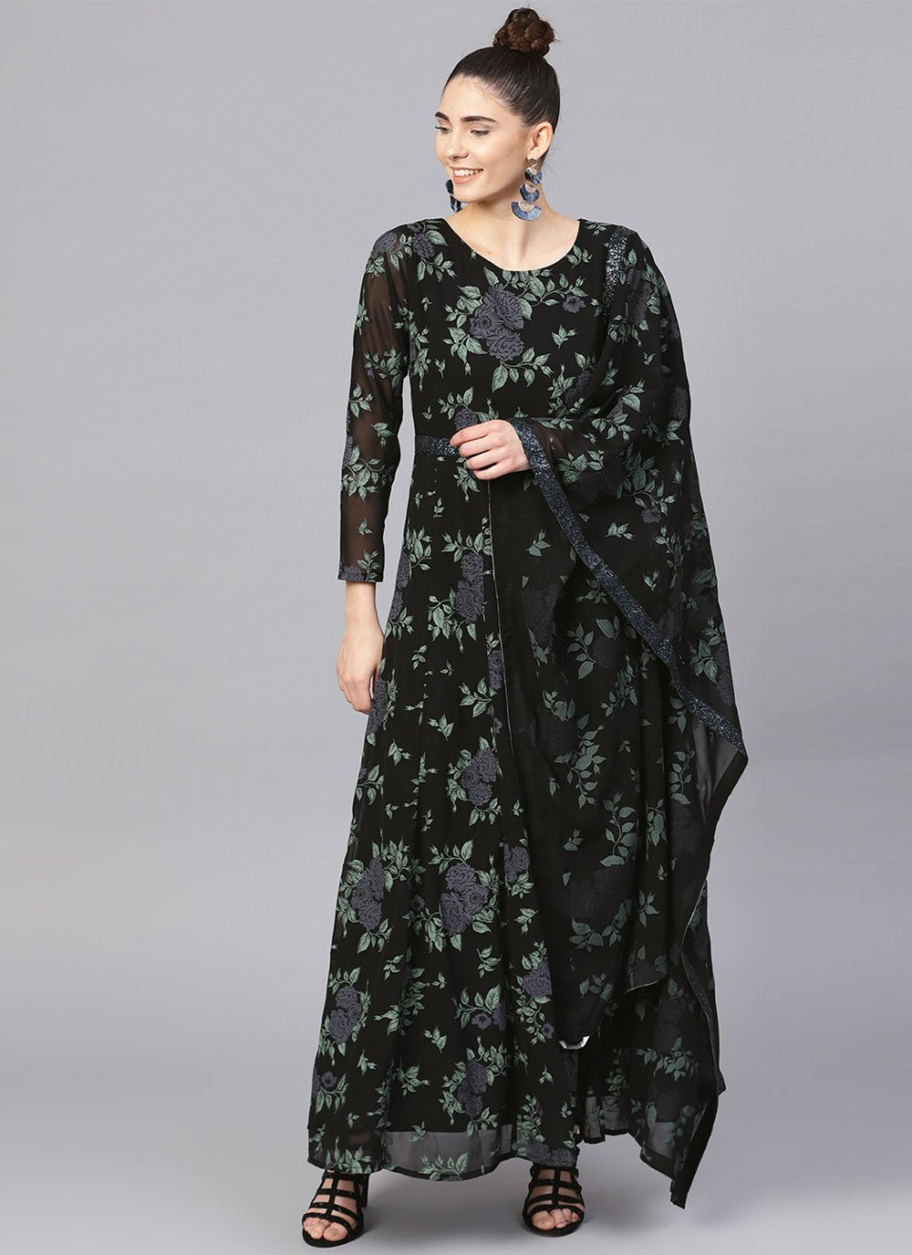 Gown Georgette Black Print Gown