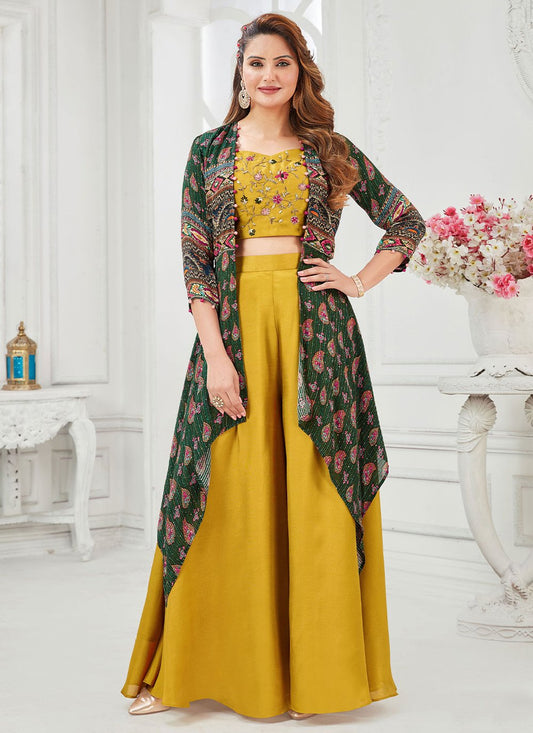 Jacket Style Suit Georgette Silk Green Mustard Embroidered Salwar Kameez