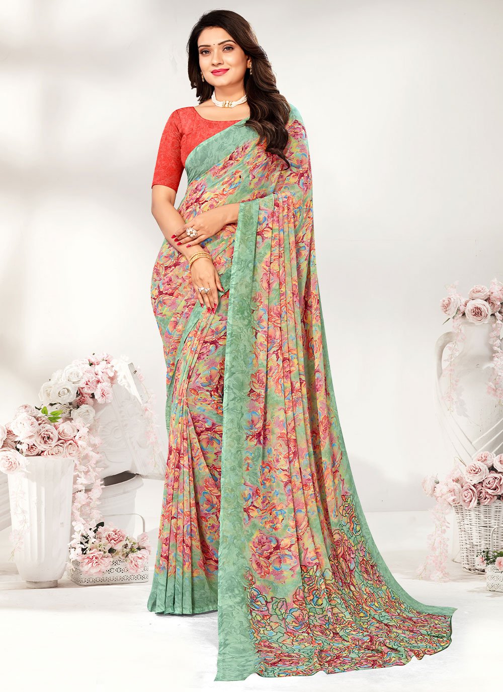 Contemporary Georgette Green Print Saree