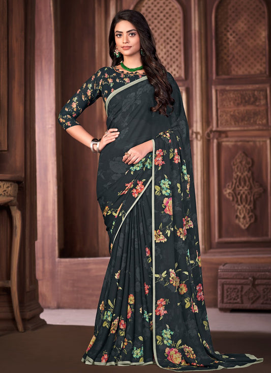 Classic Georgette Grey Print Saree