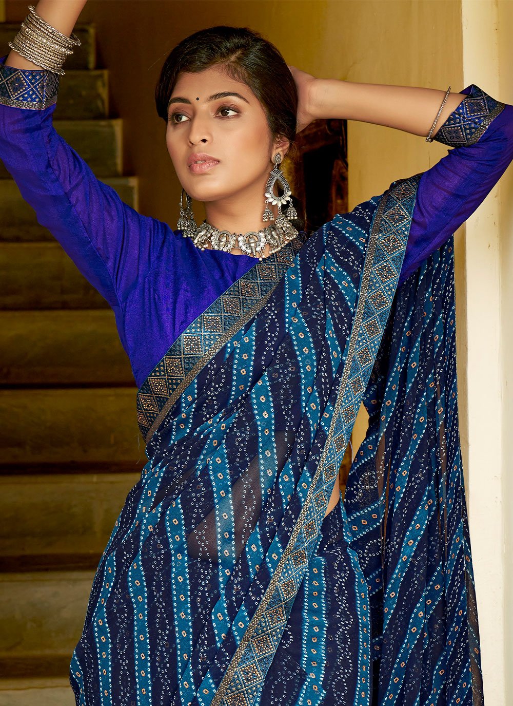 Bandhani Saree Georgette Blue Print Saree