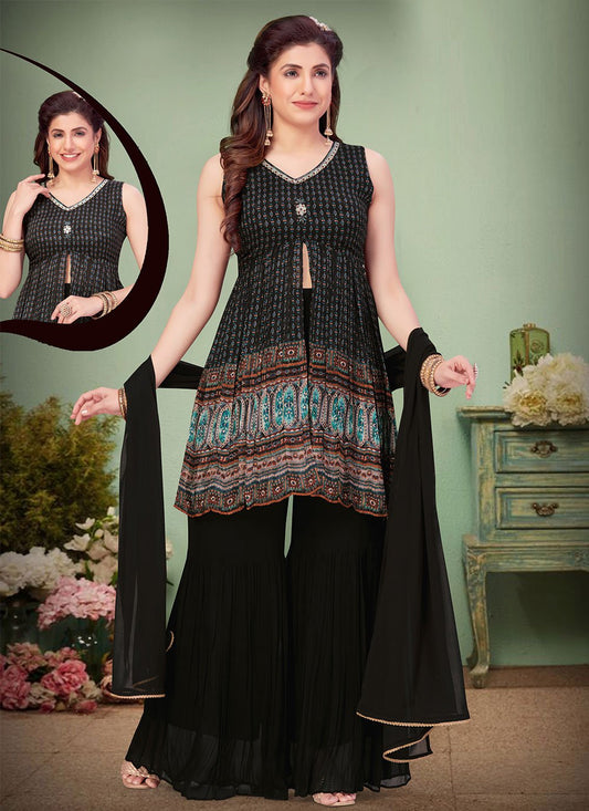 Palazzo Salwar Suit Georgette Black Print Salwar Kameez