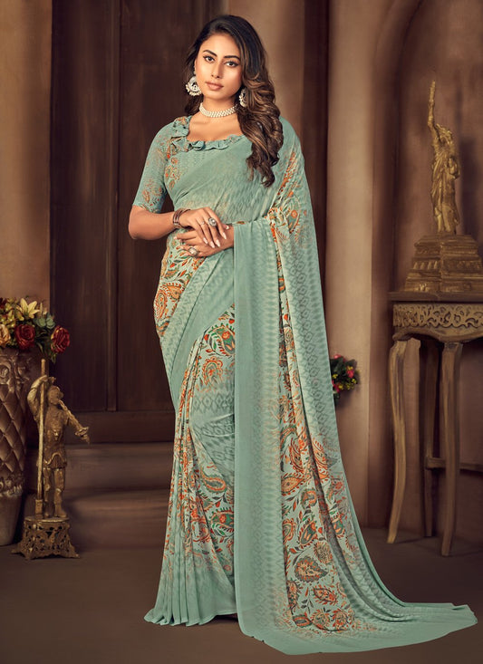 Trendy Saree Georgette Green Print Saree