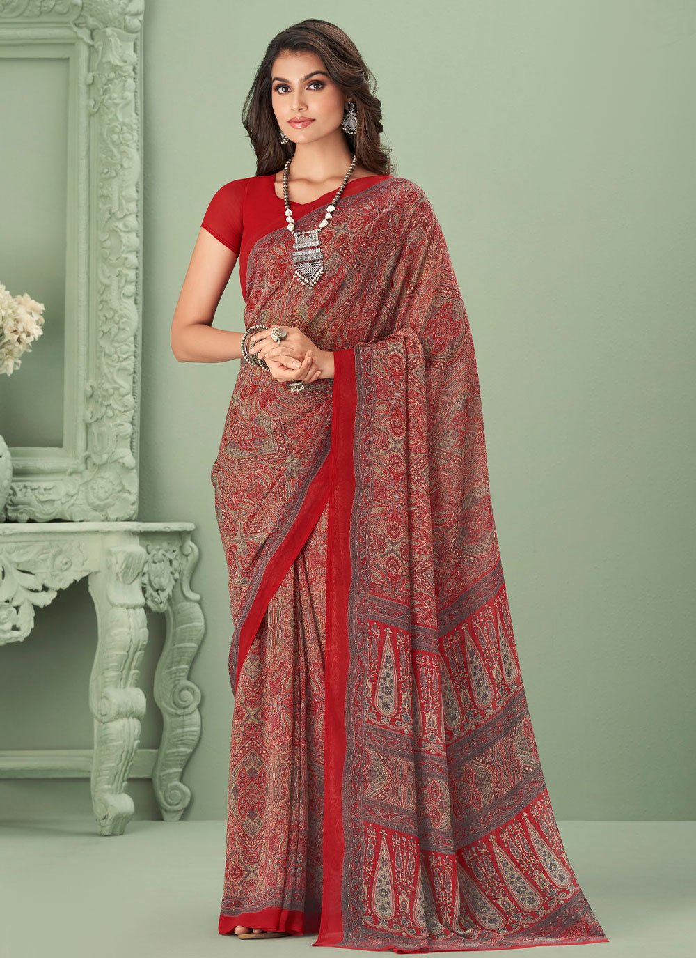 Trendy Saree Georgette Red Print Saree