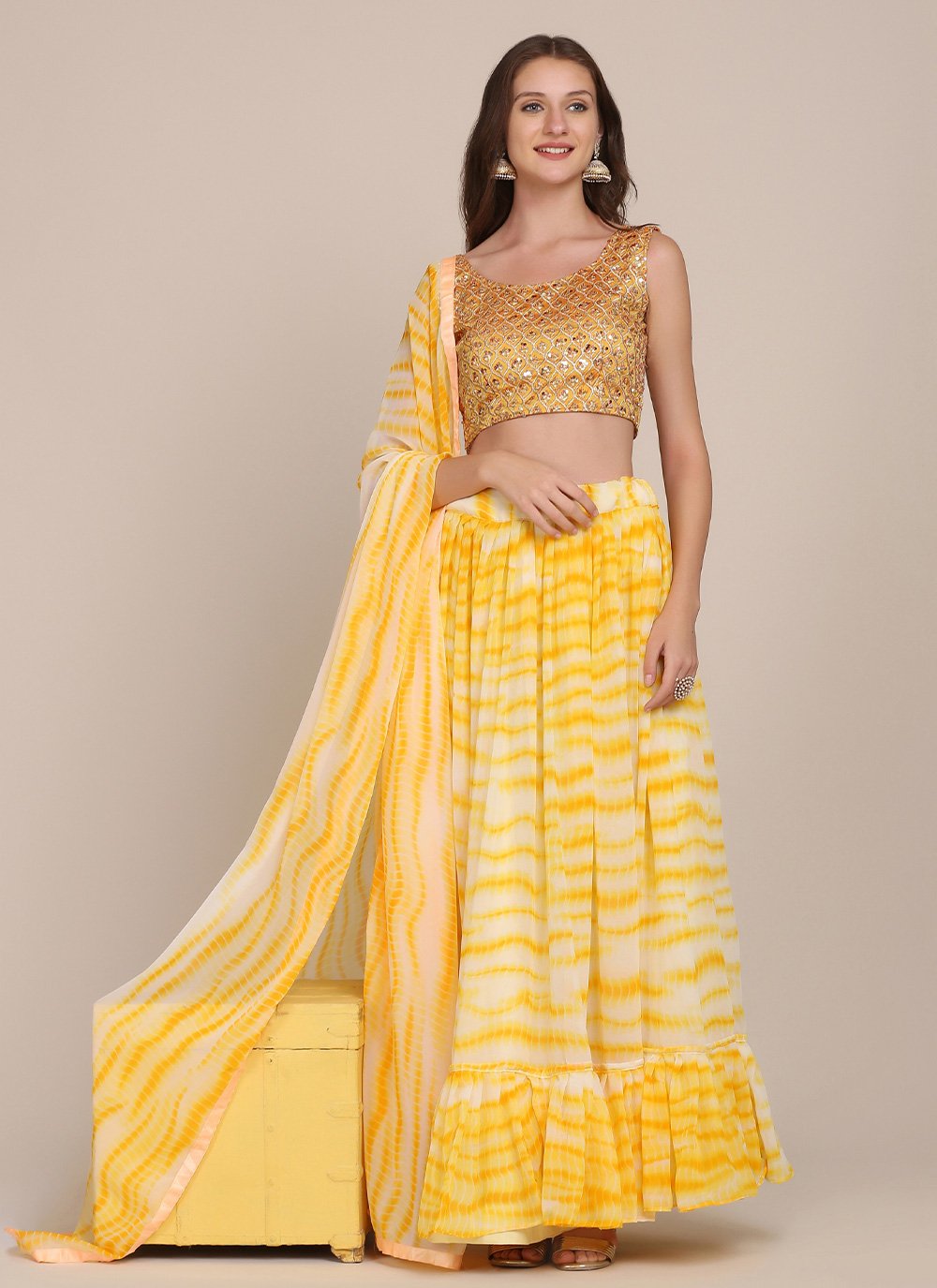 A Line Lehenga Georgette Yellow Print Lehenga Choli