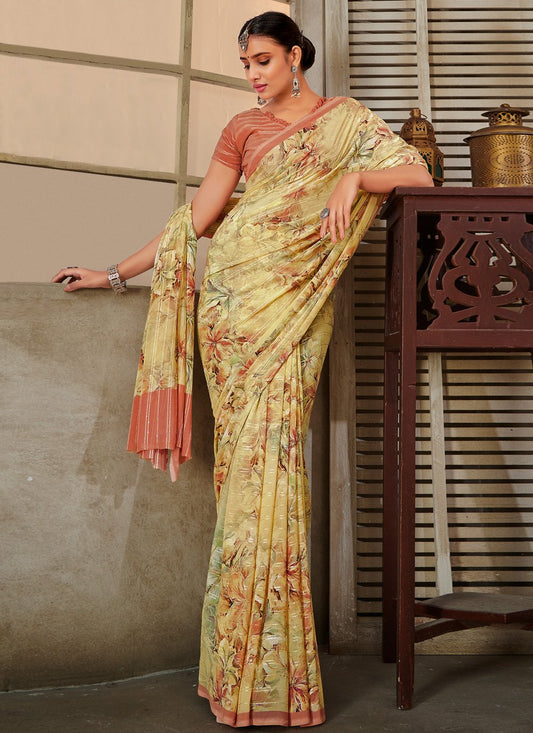 Trendy Saree Georgette Yellow Print Saree