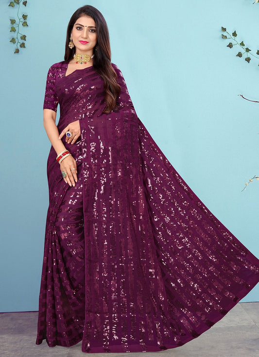 Contemporary Georgette Purple Sequins Saree