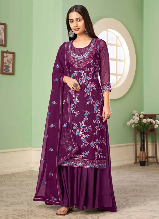 Salwar Suit Georgette Purple Embroidered Salwar Kameez