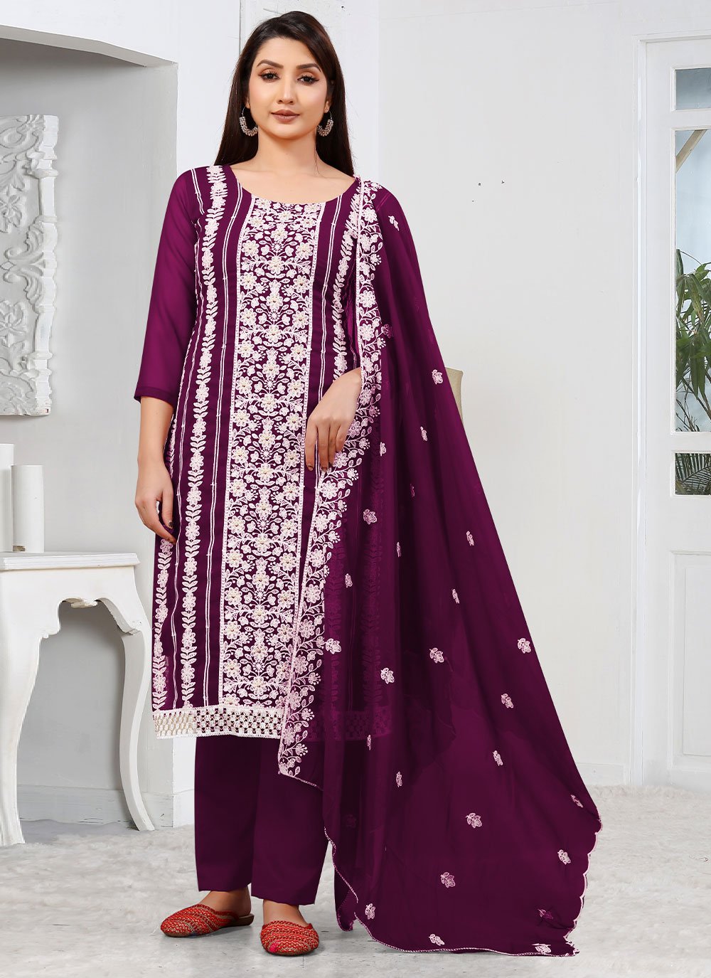 Pant Style Suit Georgette Purple Embroidered Salwar Kameez