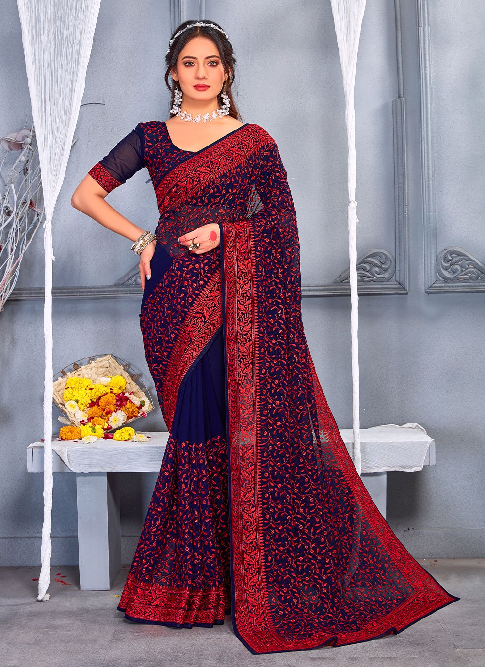 Trendy Saree Georgette Purple Embroidered Saree