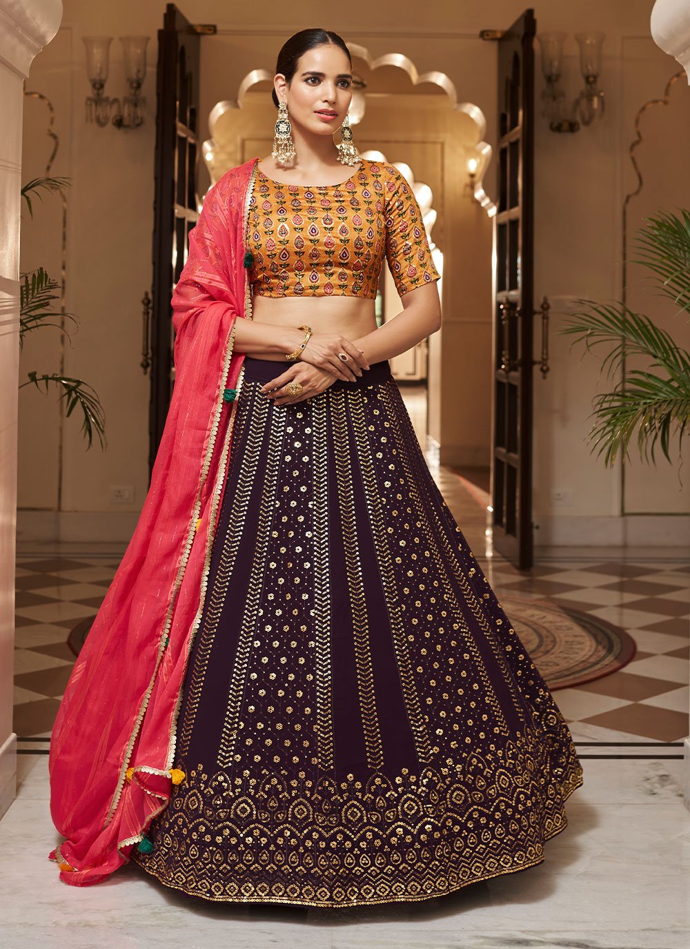 A Line Lehenga Georgette Purple Embroidered Lehenga Choli