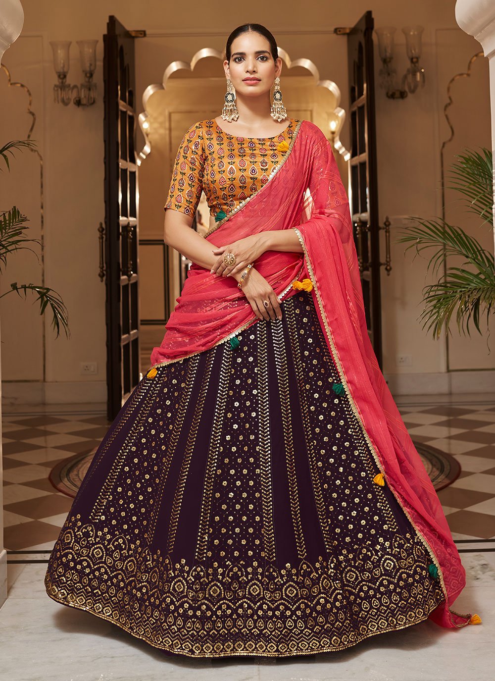 A Line Lehenga Georgette Purple Embroidered Lehenga Choli