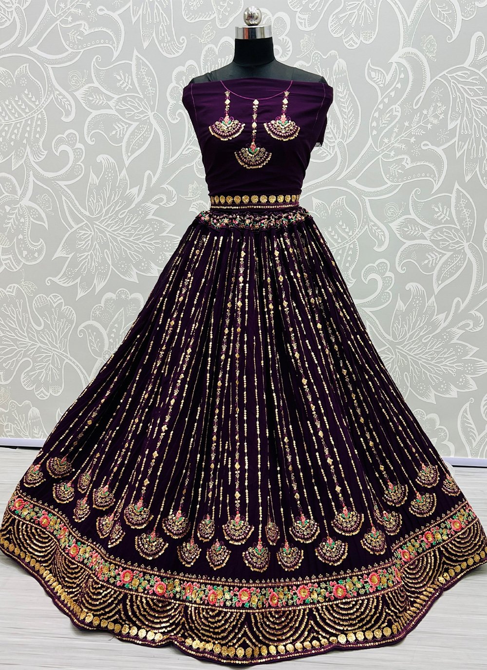 Lehenga Choli Georgette Purple Chikankari Work Lehenga Choli