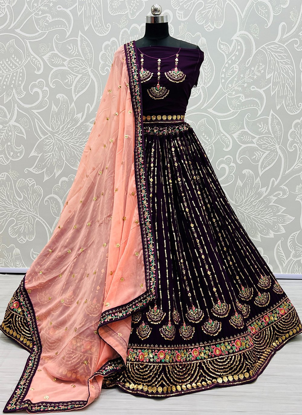 Lehenga Choli Georgette Purple Chikankari Work Lehenga Choli