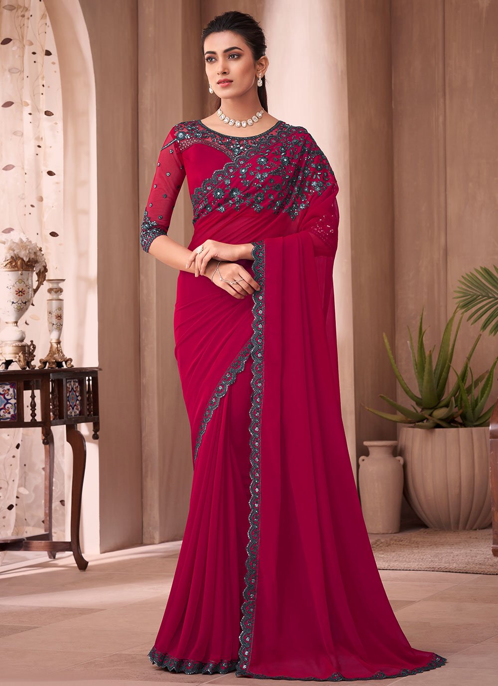 Classic Georgette Rani Embroidered Saree