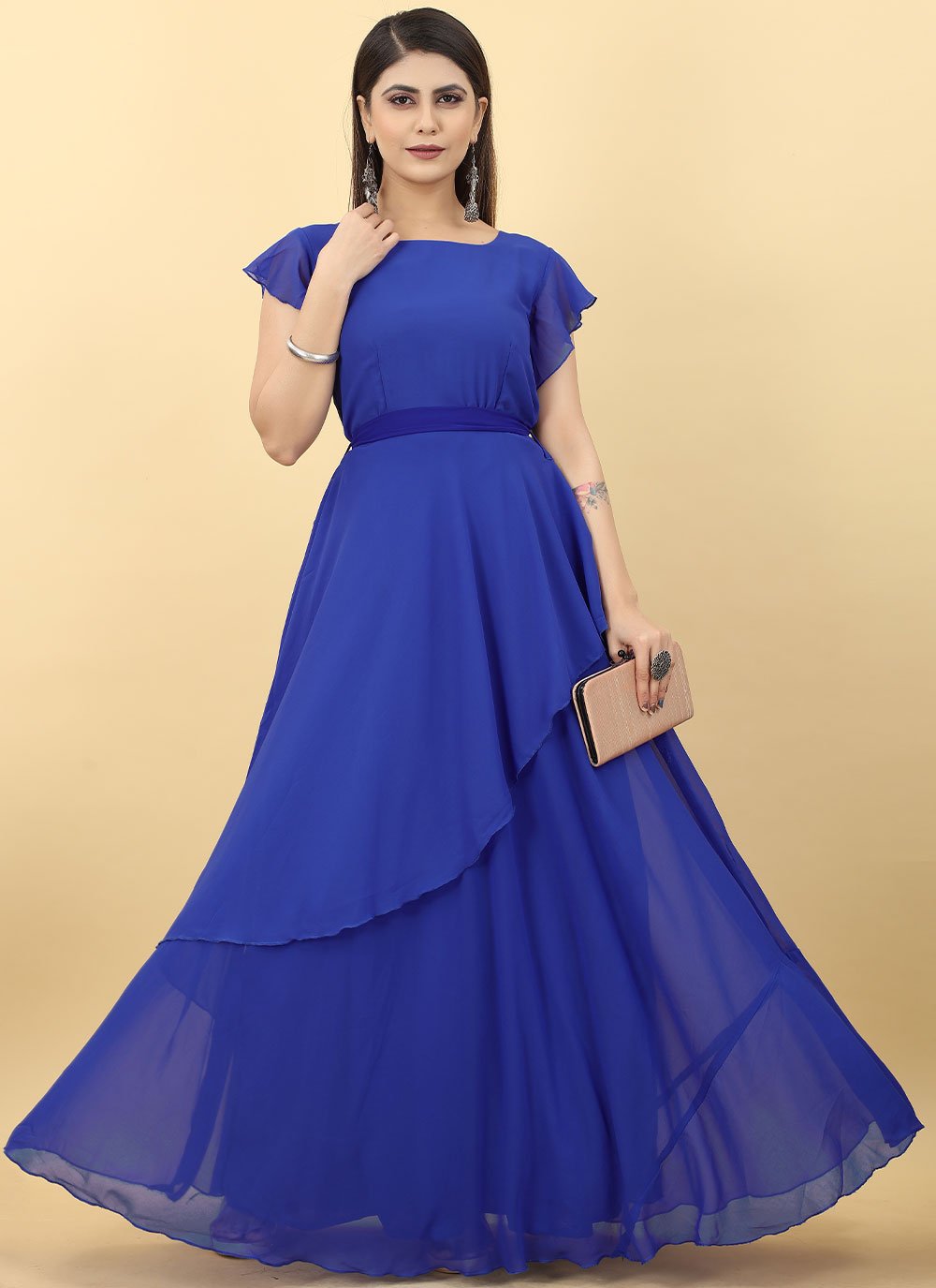 Gown Georgette Blue Plain Gown