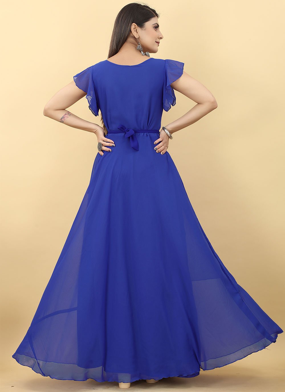 Gown Georgette Blue Plain Gown