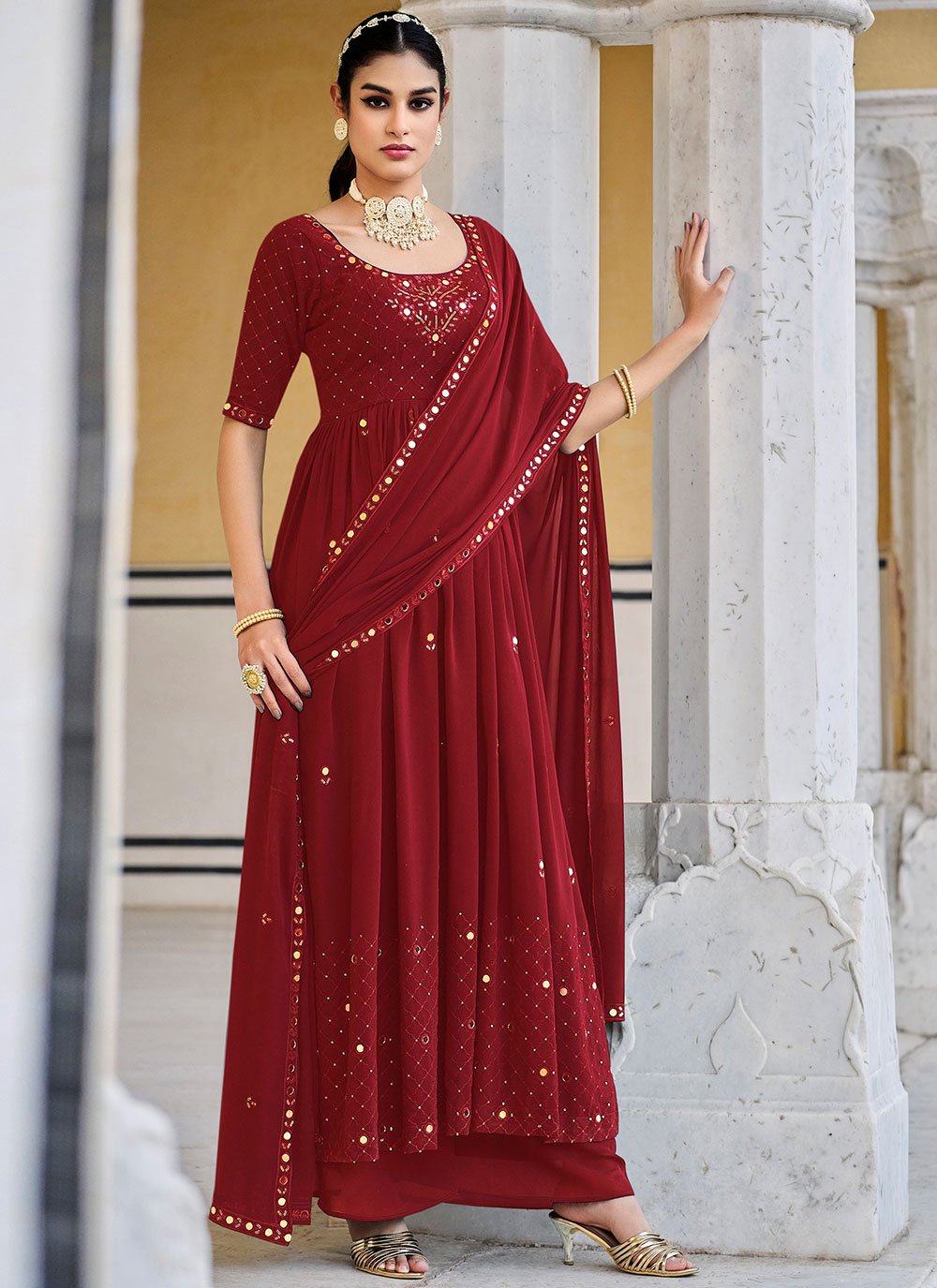 Salwar Suit Georgette Maroon Embroidered Salwar Kameez