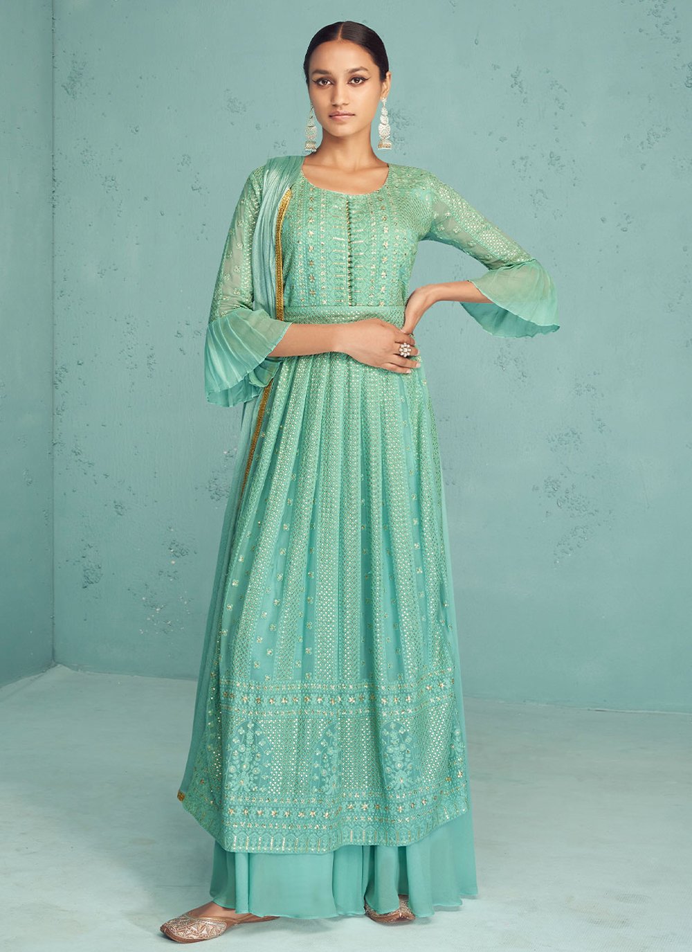 Salwar Suit Georgette Sea Green Embroidered Salwar Kameez