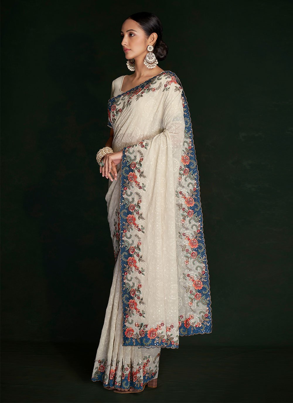 Contemporary Georgette Off White Lucknowi Work Saree