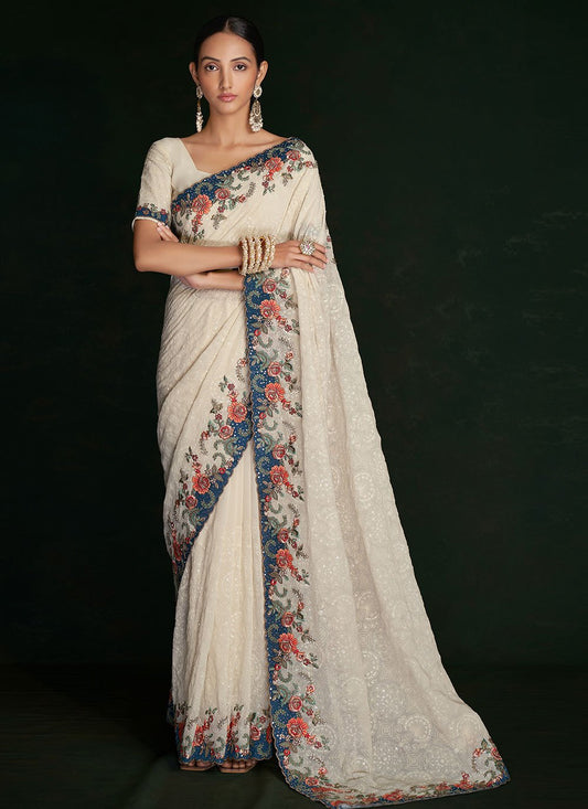 Contemporary Georgette Off White Lucknowi Work Saree