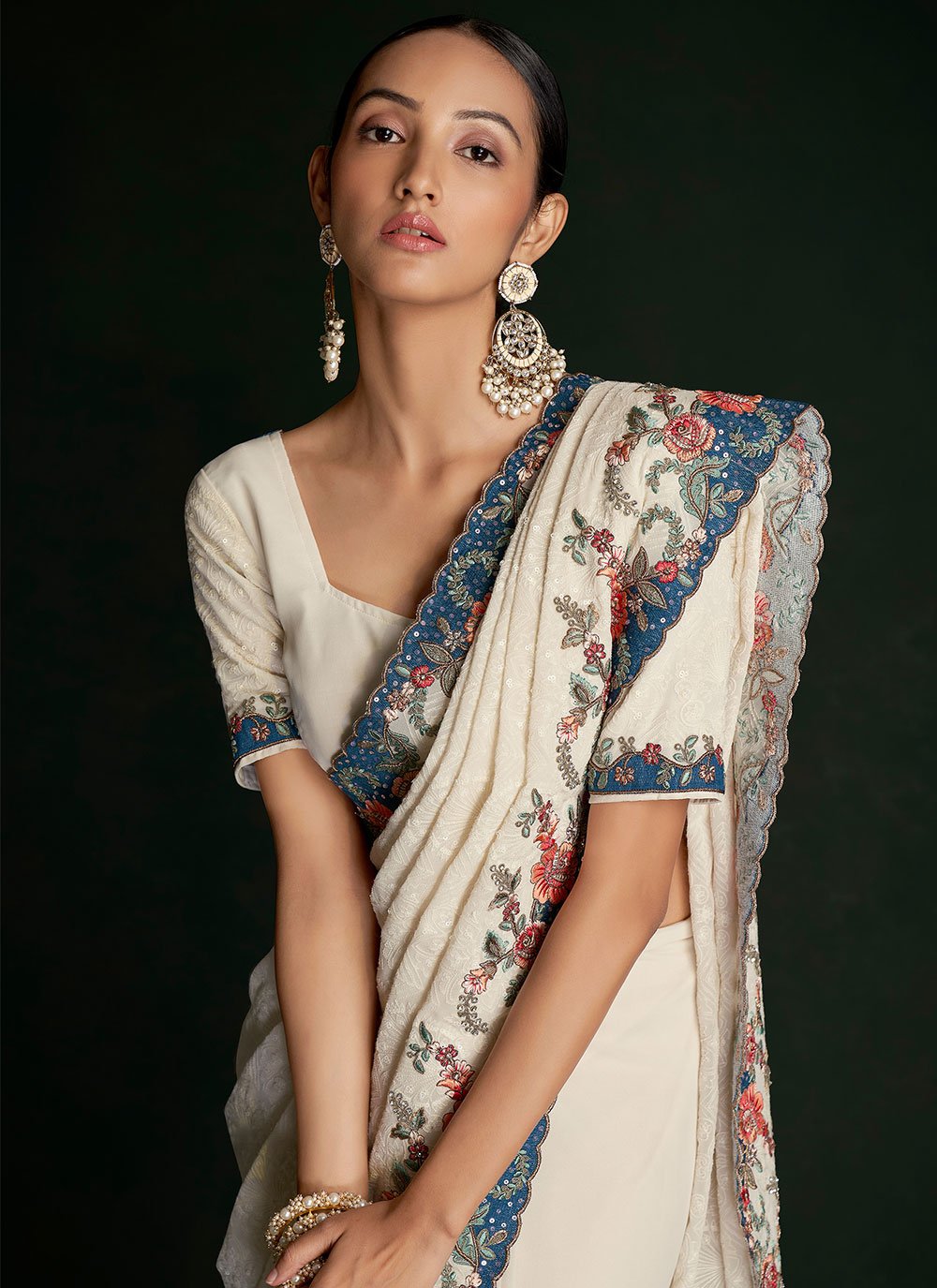 Contemporary Georgette Off White Lucknowi Work Saree