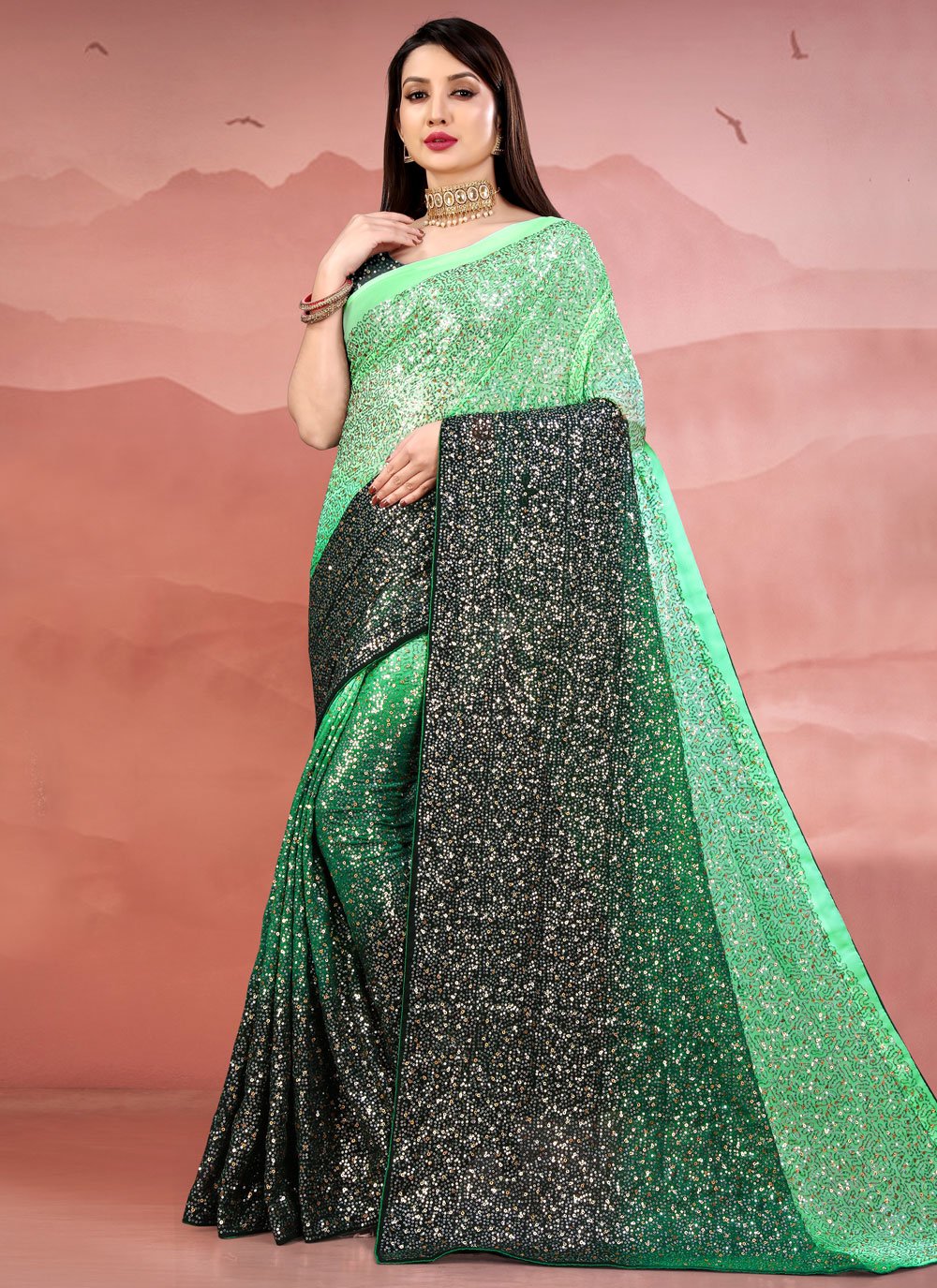 Contemporary Georgette Black Green Sequins Saree