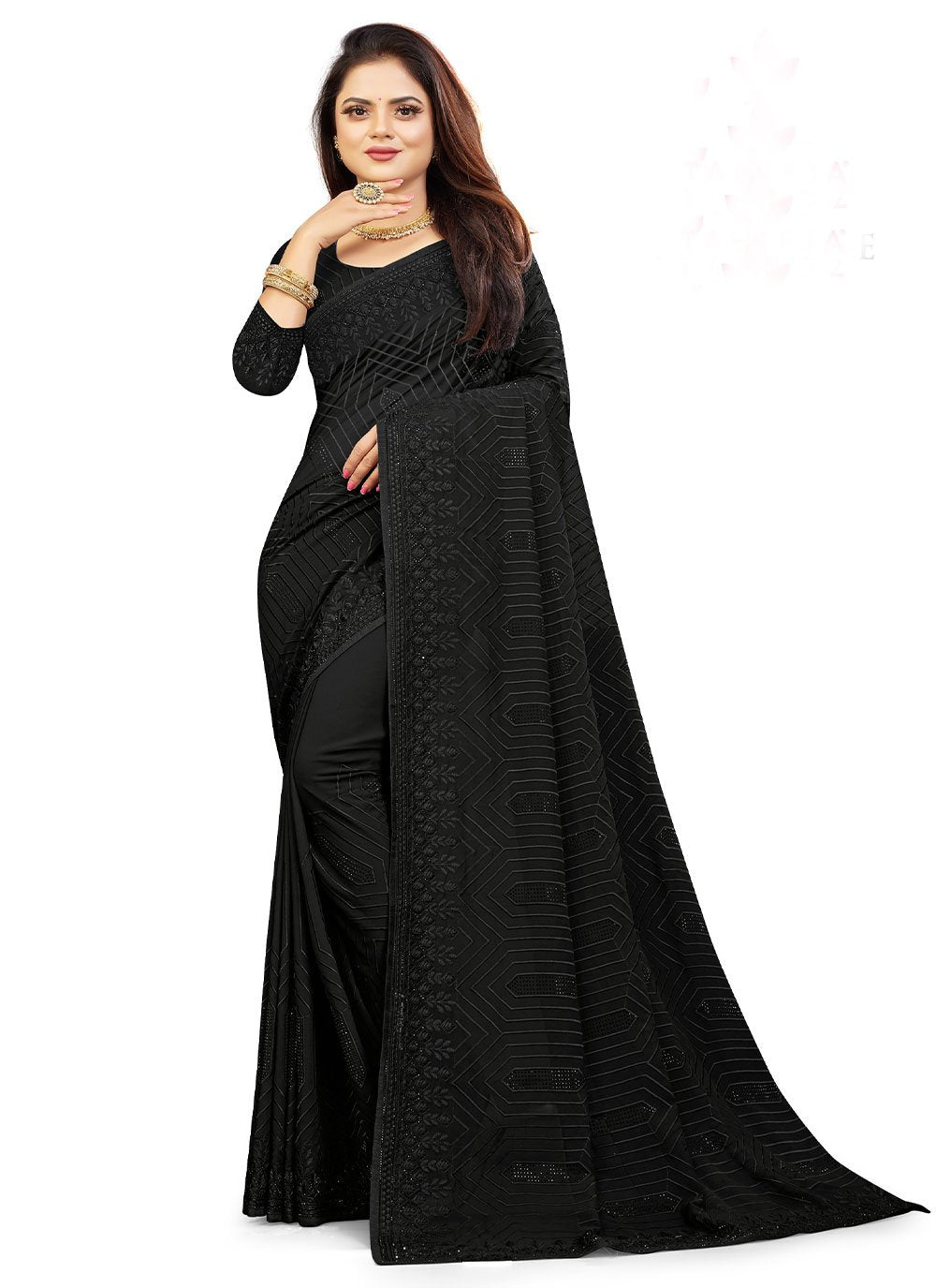 Classic Georgette Black Embroidered Saree