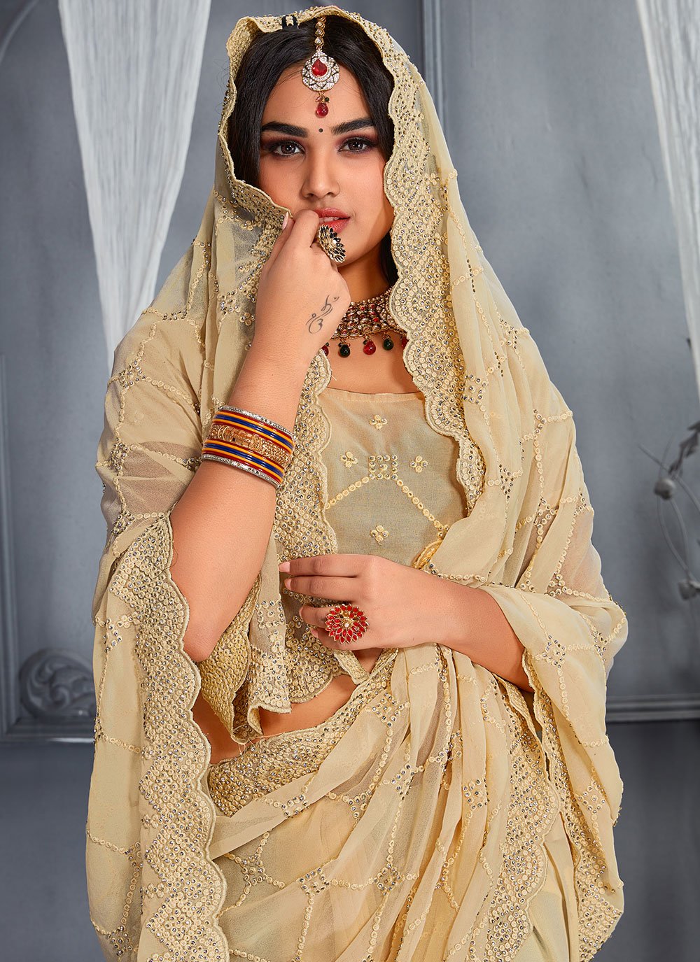 Trendy Saree Georgette Beige Embroidered Saree