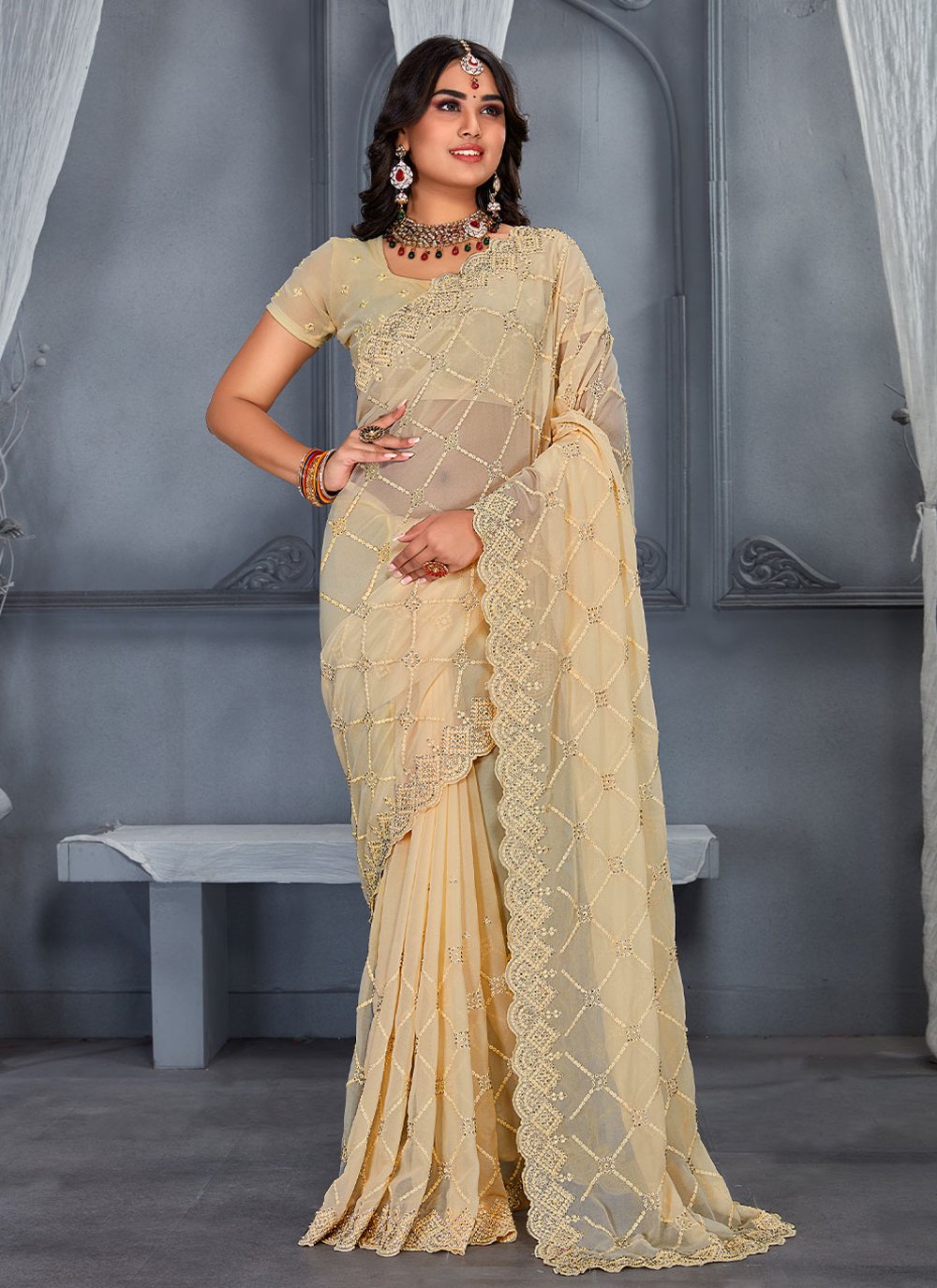 Trendy Saree Georgette Beige Embroidered Saree