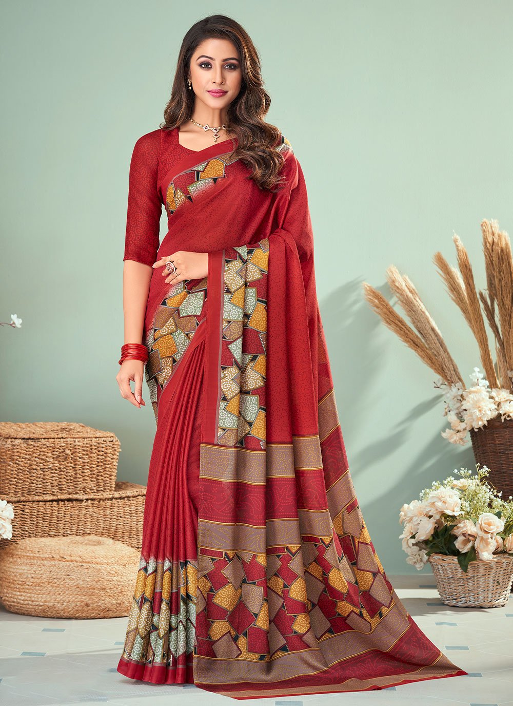 Casual Georgette Red Print Saree