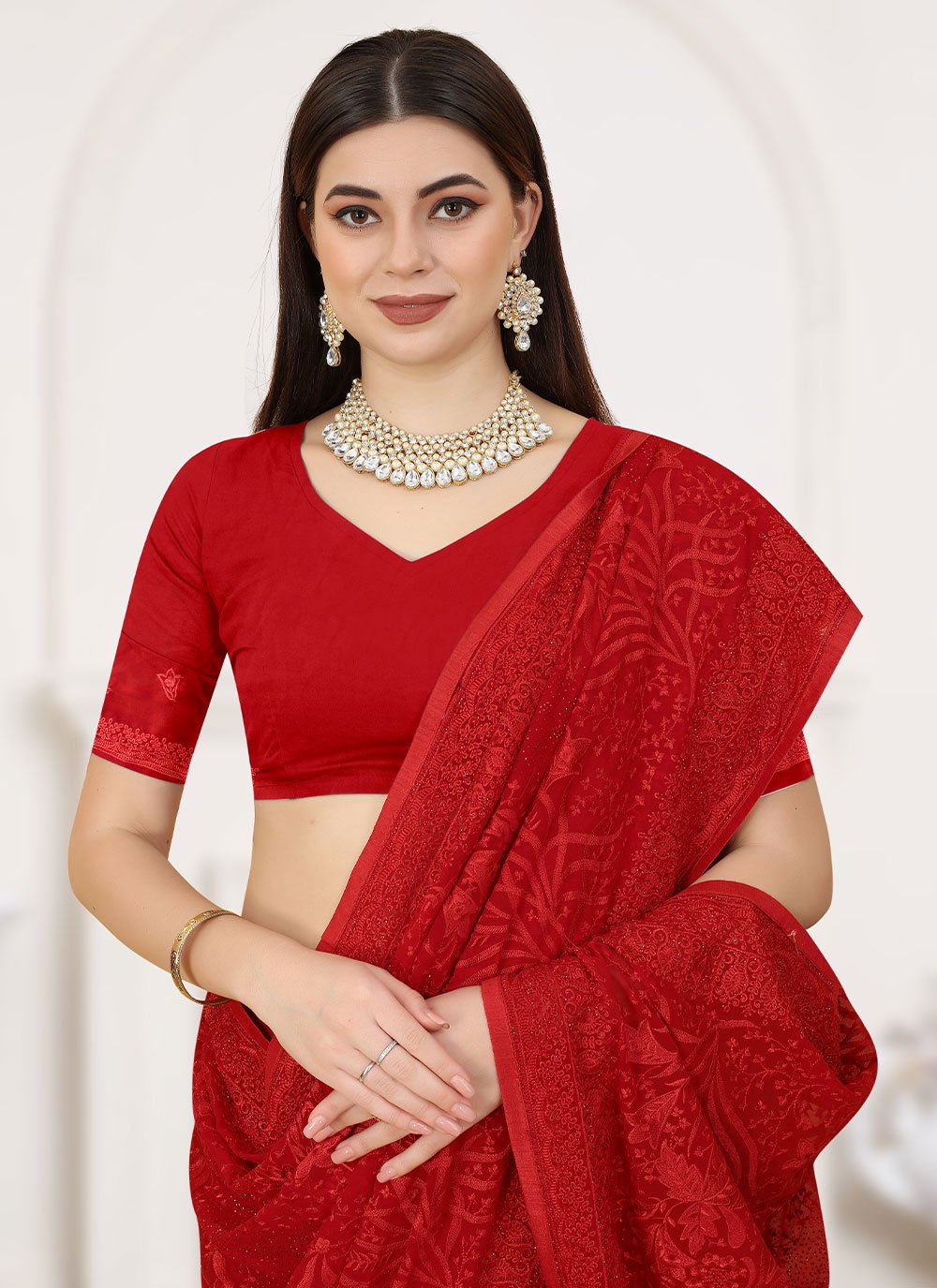 Classic Georgette Red Embroidered Saree