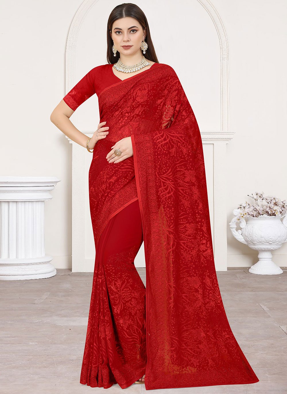 Classic Georgette Red Embroidered Saree