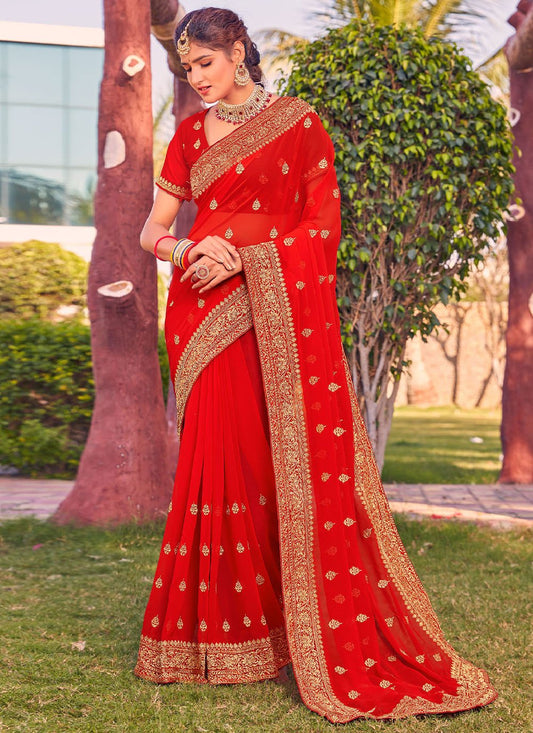 Classic Georgette Red Embroidered Saree