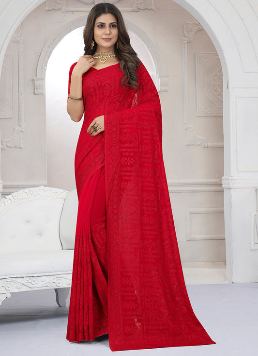 Classic Georgette Red Embroidered Saree