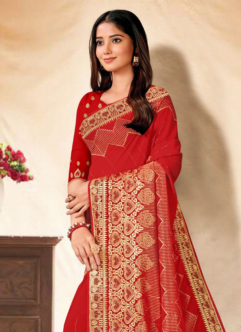 Trendy Saree Georgette Red Embroidered Saree