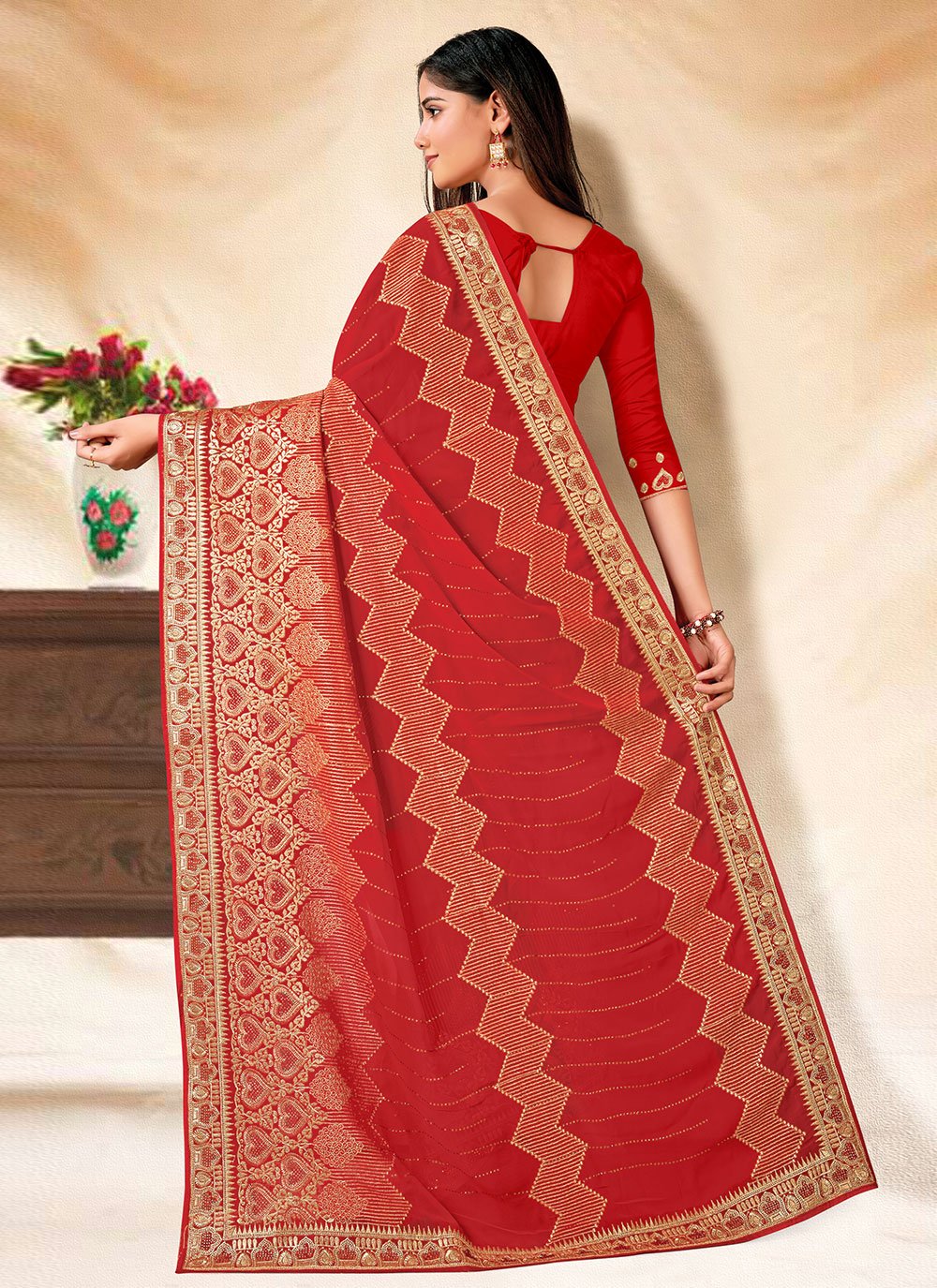 Trendy Saree Georgette Red Embroidered Saree