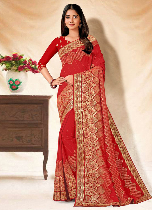 Trendy Saree Georgette Red Embroidered Saree