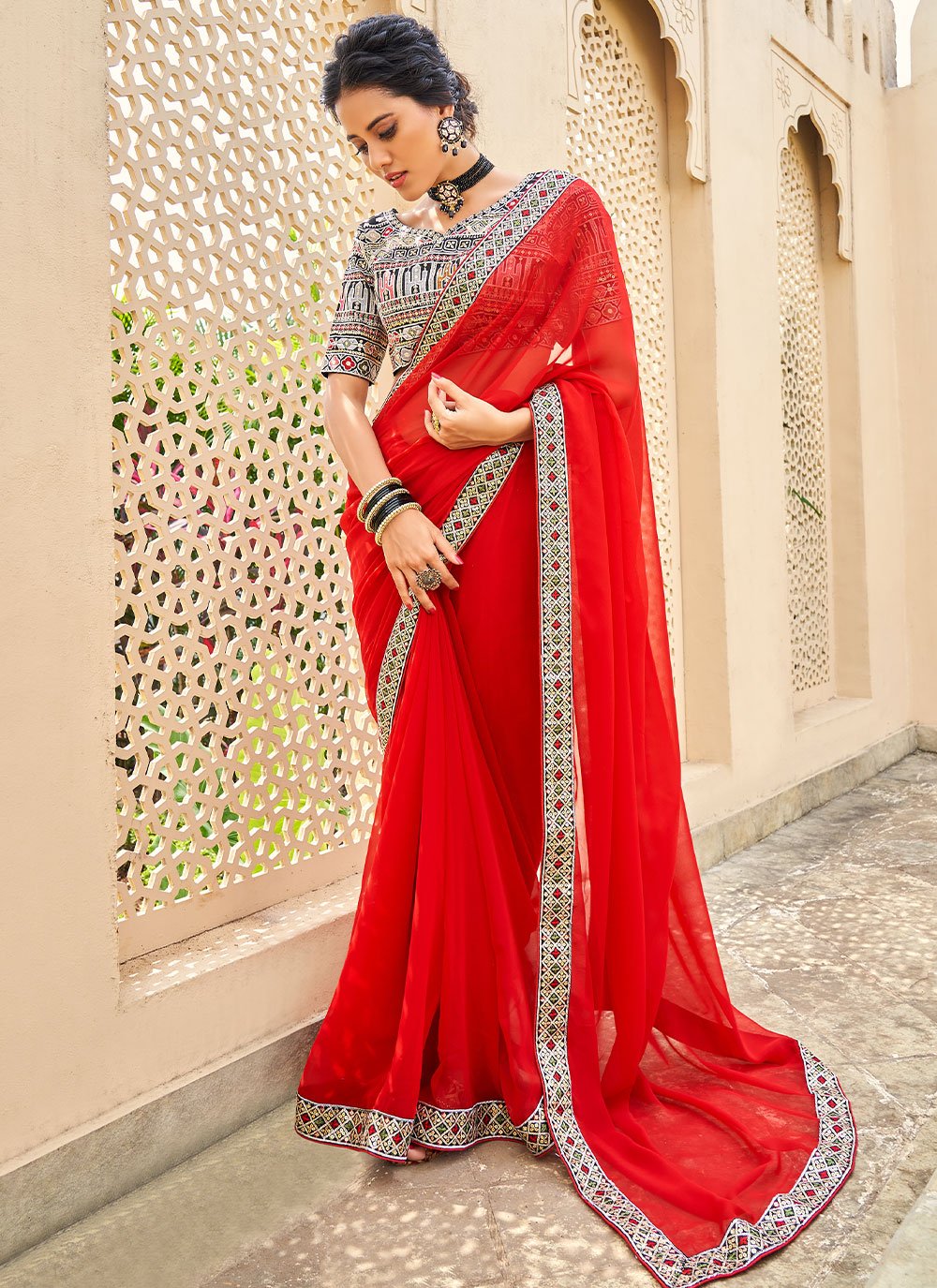 Classic Georgette Red Embroidered Saree