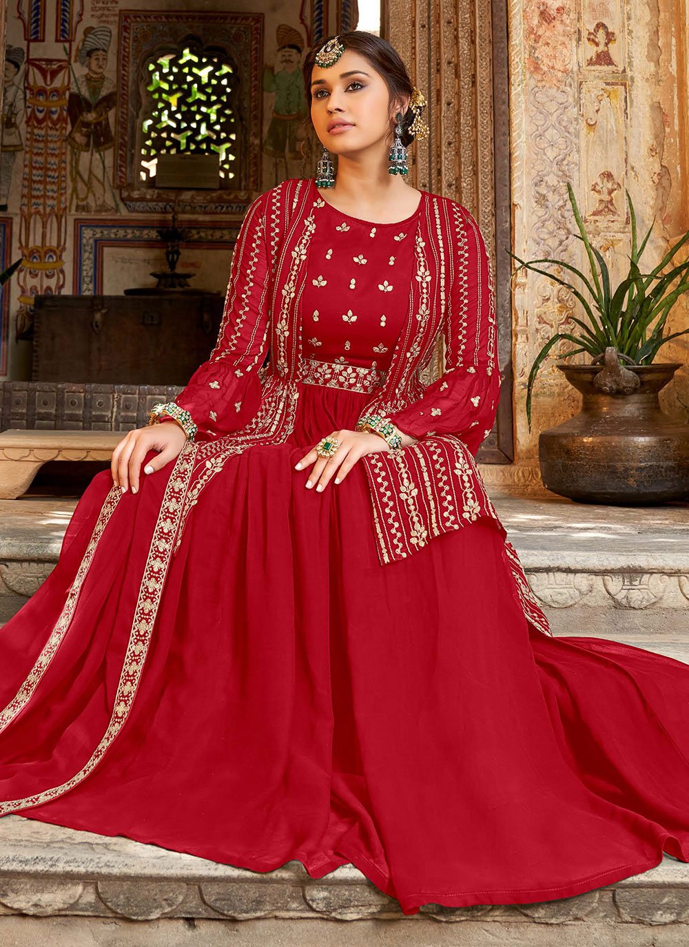 Salwar Suit Georgette Red Embroidered Salwar Kameez