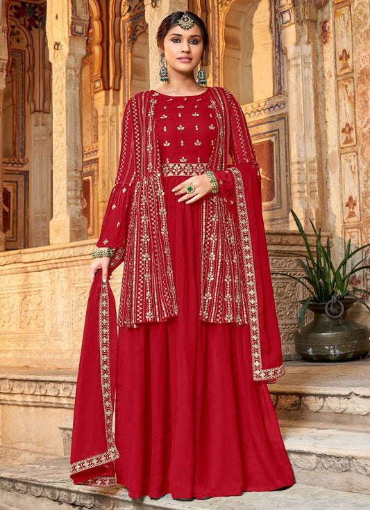 Salwar Suit Georgette Red Embroidered Salwar Kameez