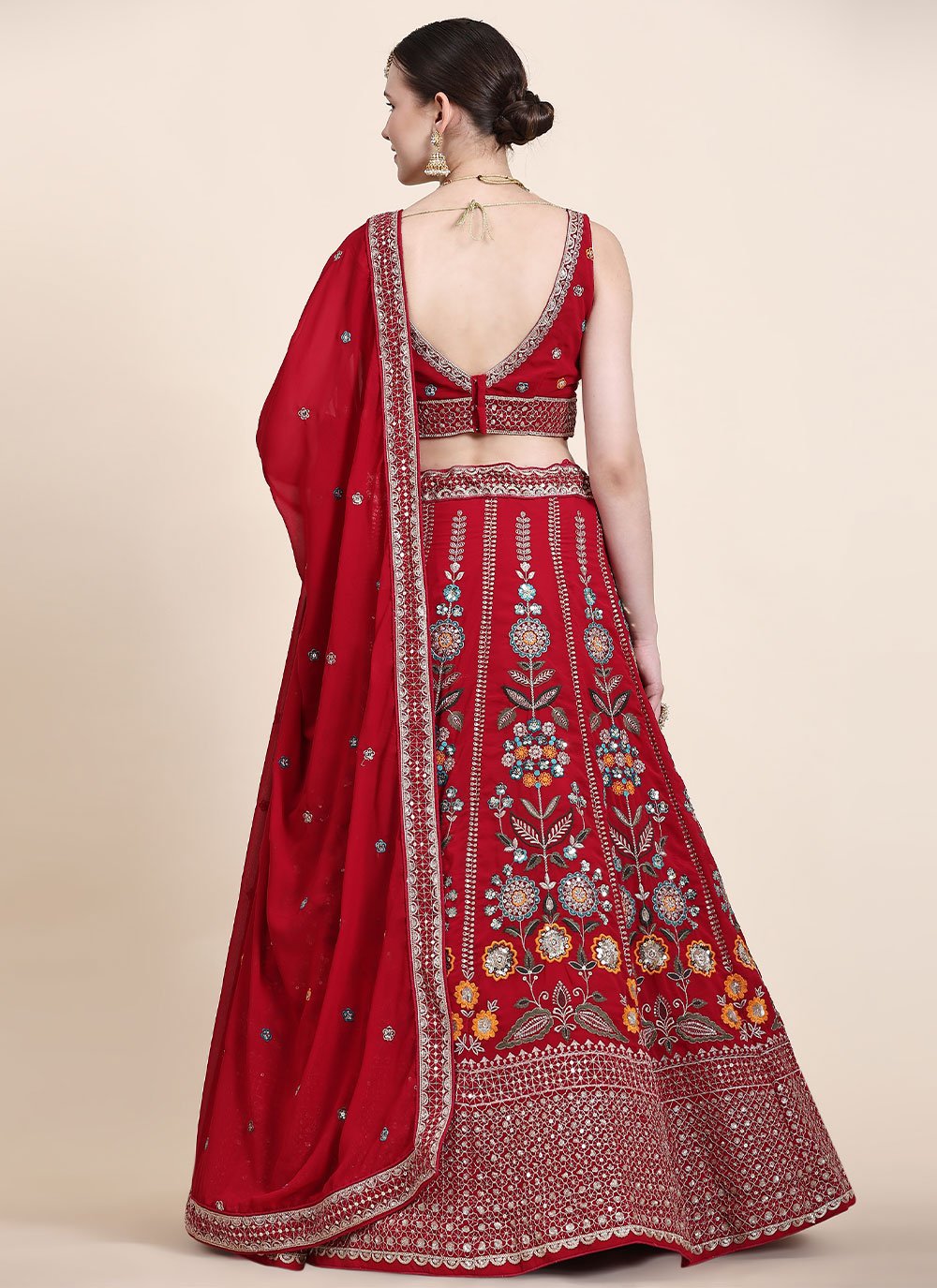 Lehenga Choli Georgette Red Multi Lehenga Choli