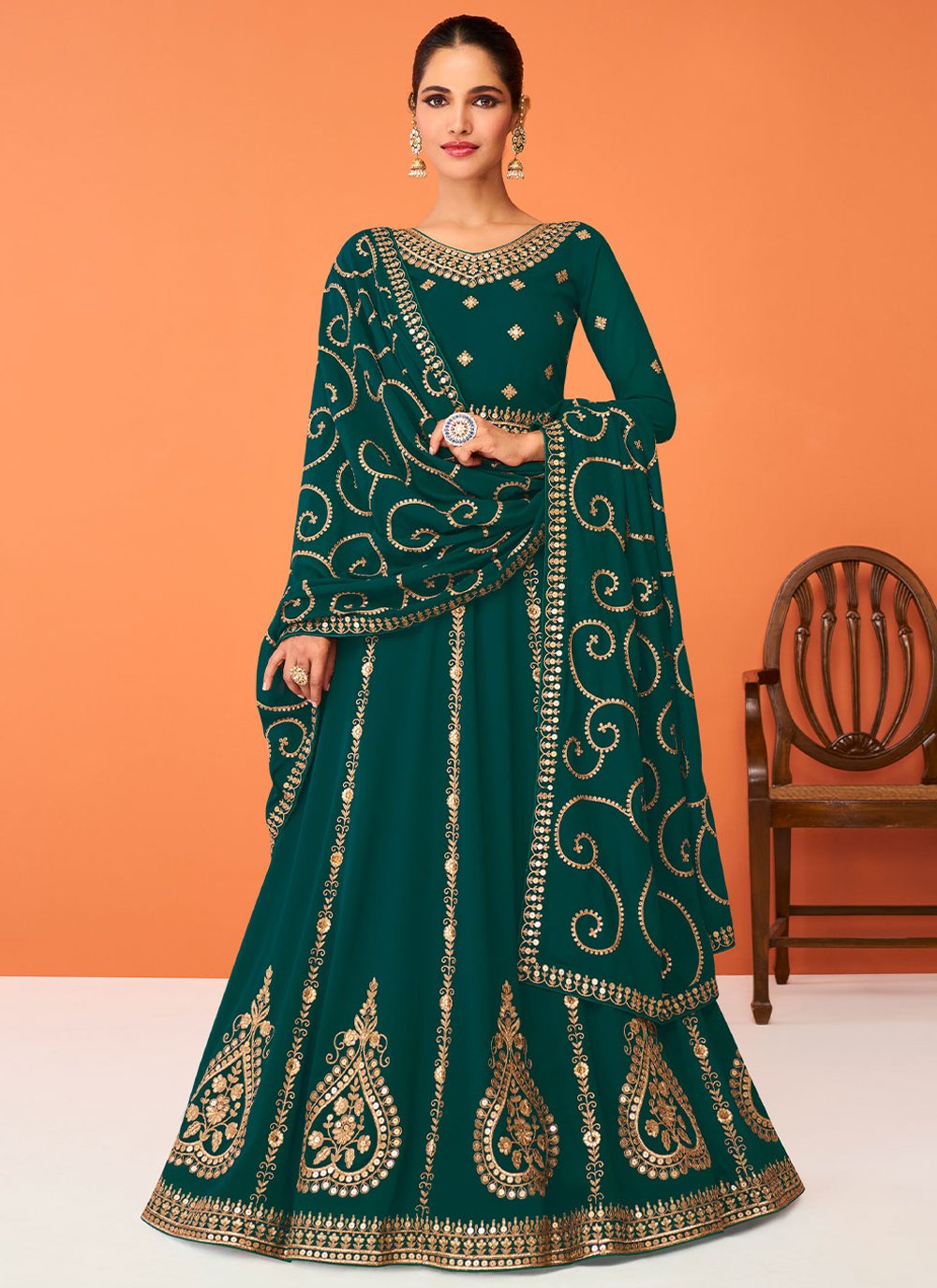 Anarkali Suit Georgette Green Embroidered Salwar Kameez